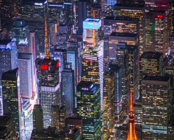 The Empire State Building, 4 Times Square and 1 Bryant Park lit up "Amazon Orange." Image: New York City Economic Development Corporation