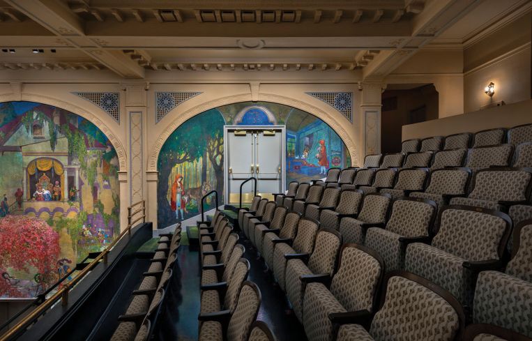 Murals in the theater depict fairy tales like Little Red Riding Hood, Cinderella and Jack and the Beanstalk.