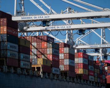 The GSL Grania container ship docked at the Garden City Port Terminal on November 12, 2021 near in the Port of Savannah.