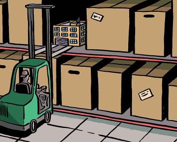 Illustration of a forklift placing a small box on shelves among larger boxes.