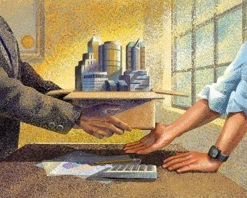 A drawing of a man handing over a box filled with buildings.