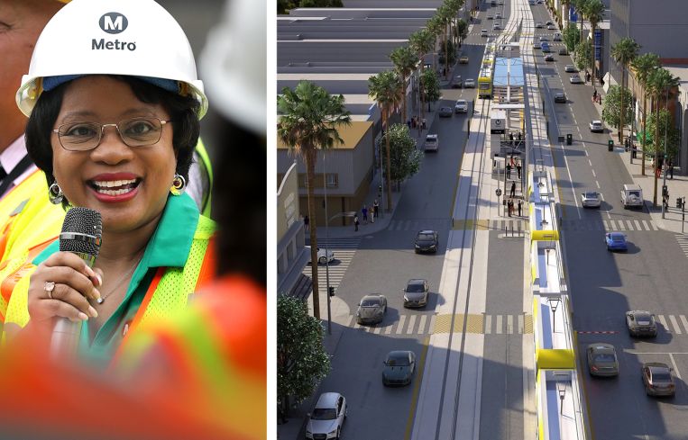 L.A. Metro CEO Stephanie Wiggins and a rendering of The East San Fernando Valley Light Rail Transit Project.