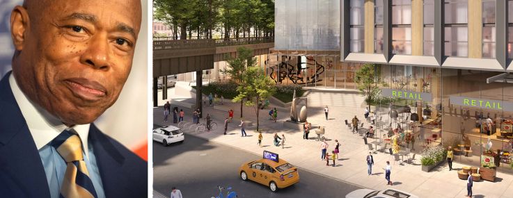 Mayor Eric Adams and a rendering of the proposed Gansevoort Square redevelopment.