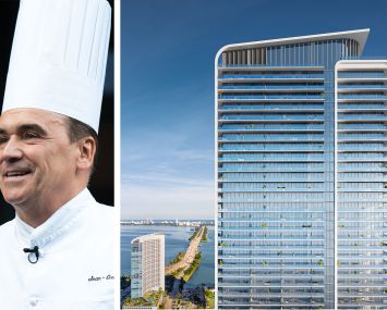 Jean-Georges Vongerichten and a rendering of the Jean-Georges Miami Tropic Residences.