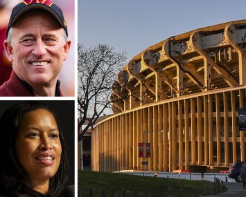 Washington Commanders Managing Partner Josh Harris, Washington D.C. Mayor Muriel Bowser, and RFK Stadium.
