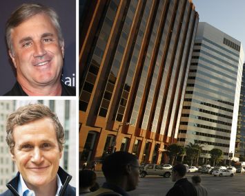 Douglas Emmett President and CEO Jordan Kaplan, Tishman Speyer CEO Rob Speyer, and Murdock Plaza in Los Angeles (left).