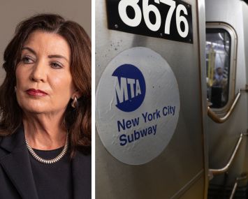 Gov. Kathy Hochul and a New York City subway train.