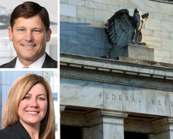 Matthew Rocco, president of Colliers Mortgage, Melissa A. Farrell, managing director at PGIM Real Estate, and the Federal Reserve building.