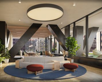 A rendering of the coworking lounge in 25 Water Street.