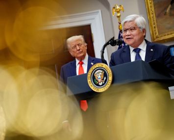 Taiwan Semiconductor Manufacturing Company CEO C.C. Wei (right), accompanied by U.S. President Donald Trump, speaks in the Roosevelt Room of the White House on March 3.