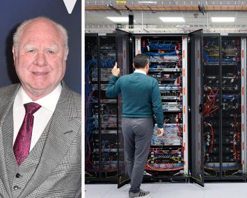 Pruitt Corporation founder Cecil Pruitt Jr. and servers in a data center.