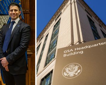 GSA Administrator Stephen Ehikian and the GSA headquarters in Washington, D.C.