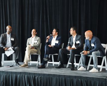 Horatio Jones (from left), Aaron Stolear, Alfonso Costa Jr., Andrew Till, and Daniel Lebensohn sit on a panel at the Commercial Observer South Florida Multifamily and Mixed Use Forum.