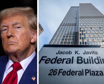 President Donald Trump and the Jacob K. Javits Federal Building in Manhattan.