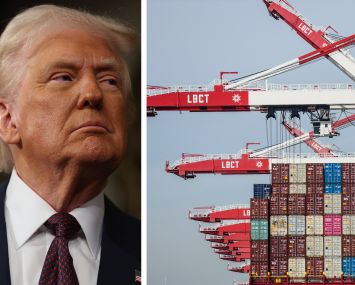 President Donald Trump and containters and cranes at the Port of Long Beach.