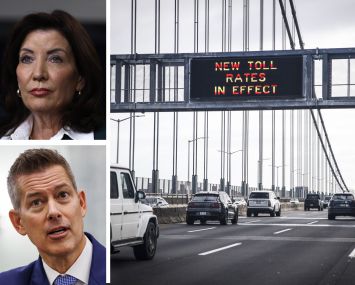 Gov. Kathy Hochul, Secretary of Transportation Sean Duffy, and cars cross the George Washington Bridge toward Manhattan.