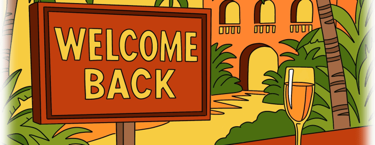 An illustration of a Welcome Back sign with a glass of champagne at a hotel.
