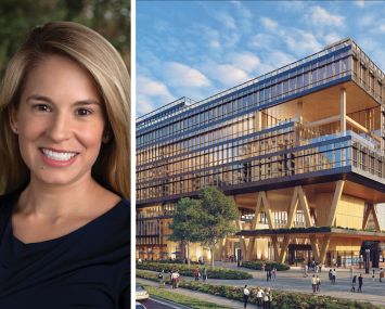 Sarah Hawkins, Hines' East Region CEO, and a conceptual rendering of a life sciences building at a proposed development near the North Bethesda rail station.