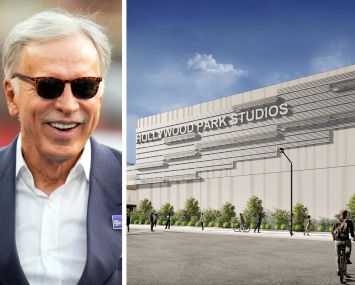 Los Angeles Rams owner E. Stanley Kroenke and a rendering of Hollywood Park Studios.