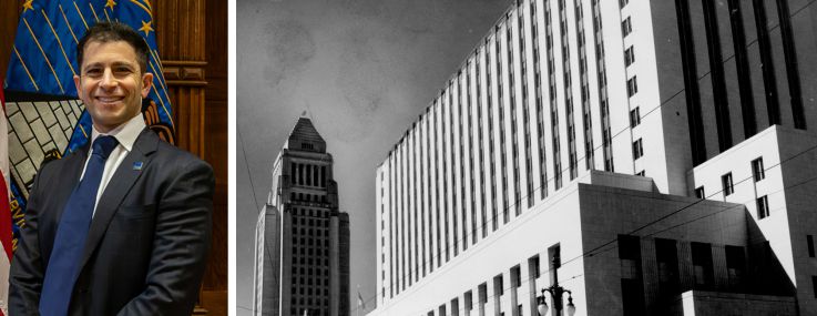 GSA Administrator Stephen Ehikian and the Los Angeles Spring Street Courthouse in the 1940s.
